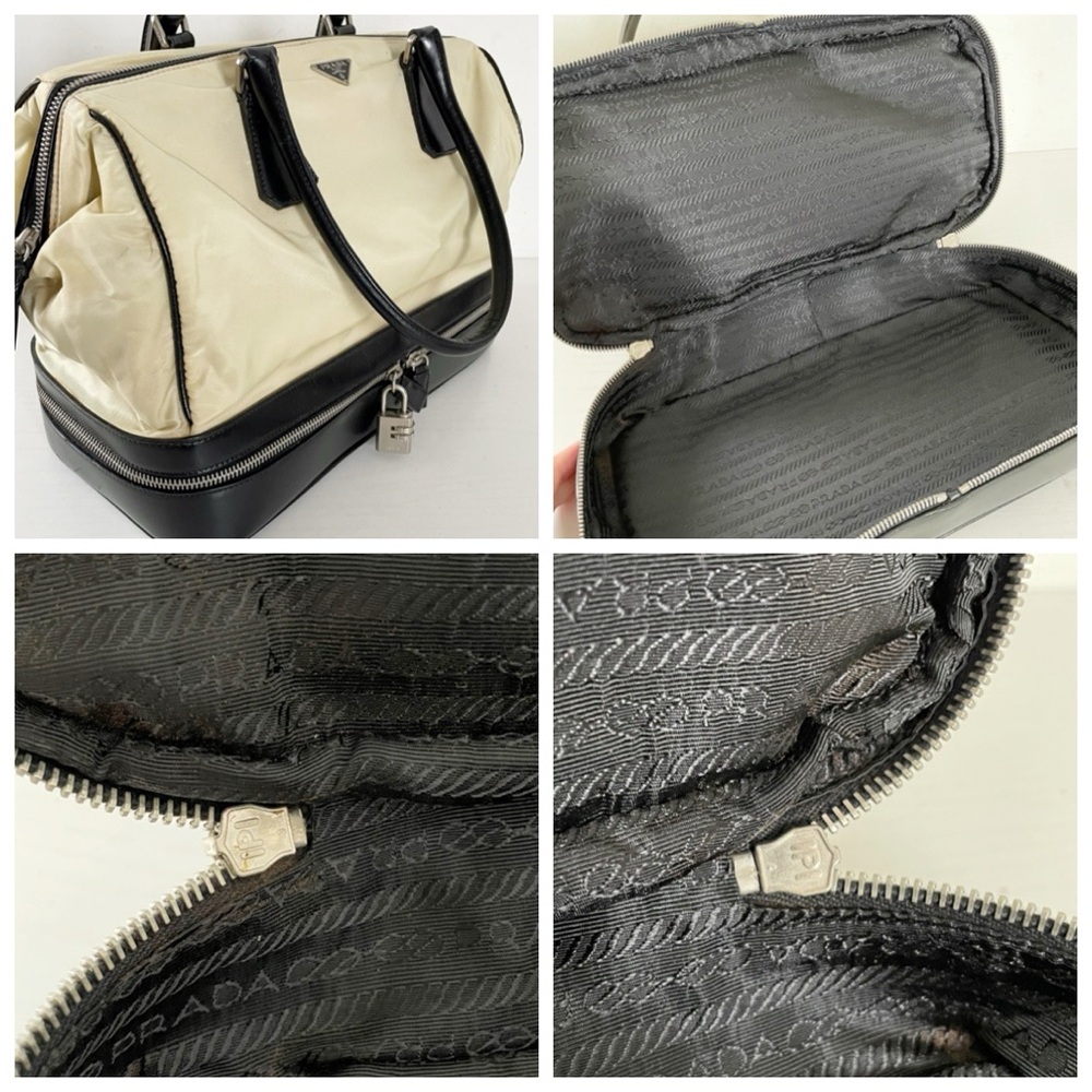 Prada RARE light tan nylon black leather doctor travel bag lock triangle logo - Picture 8 of 15